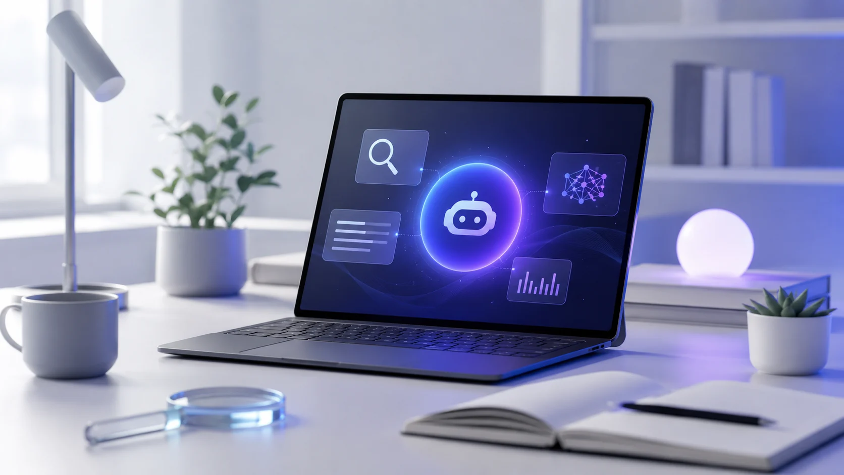 AI assistant workspace on laptop with clean minimal blue and violet interface
