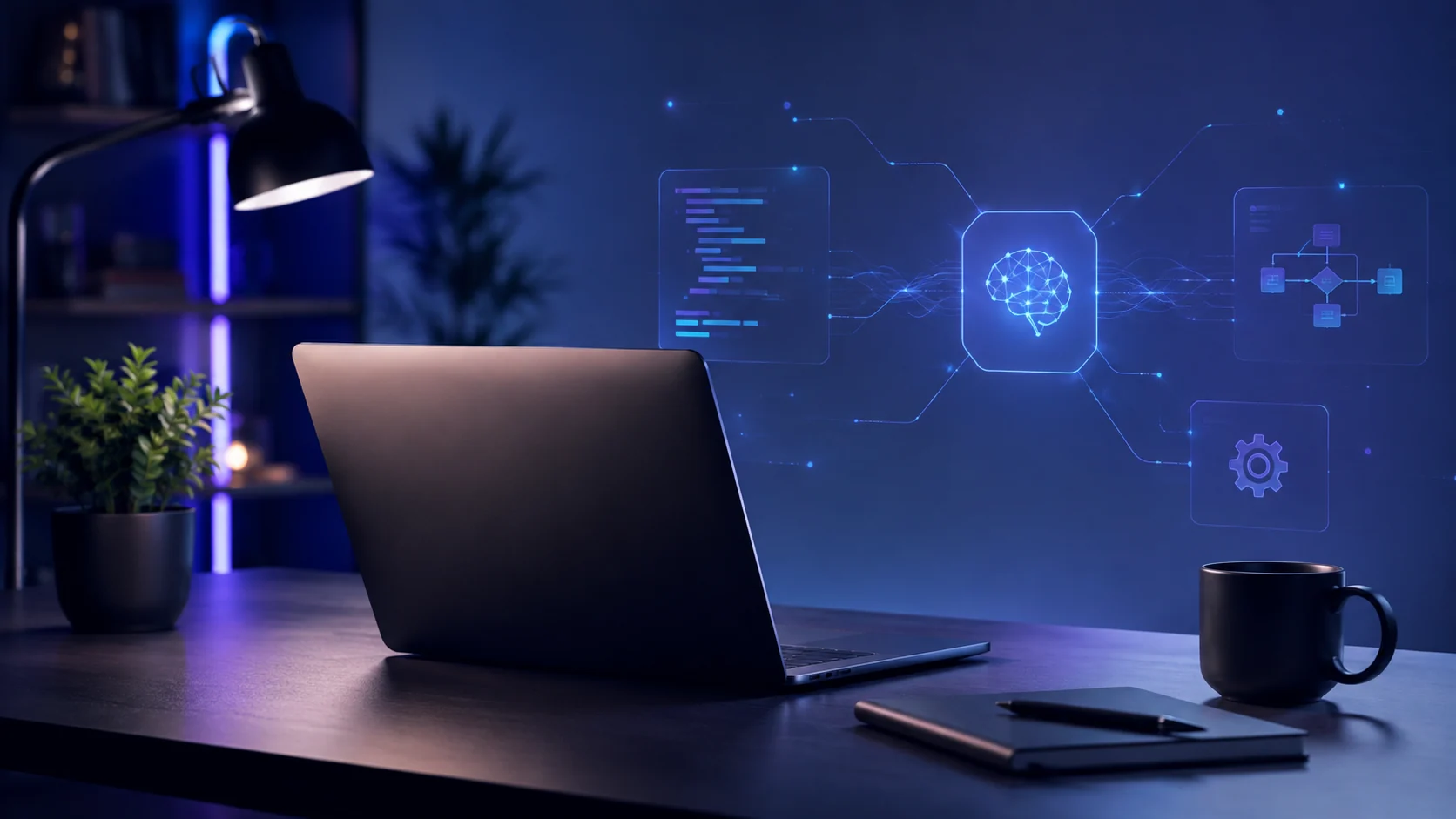 AI automation workflow on a clean desk with digital process icons and arrows