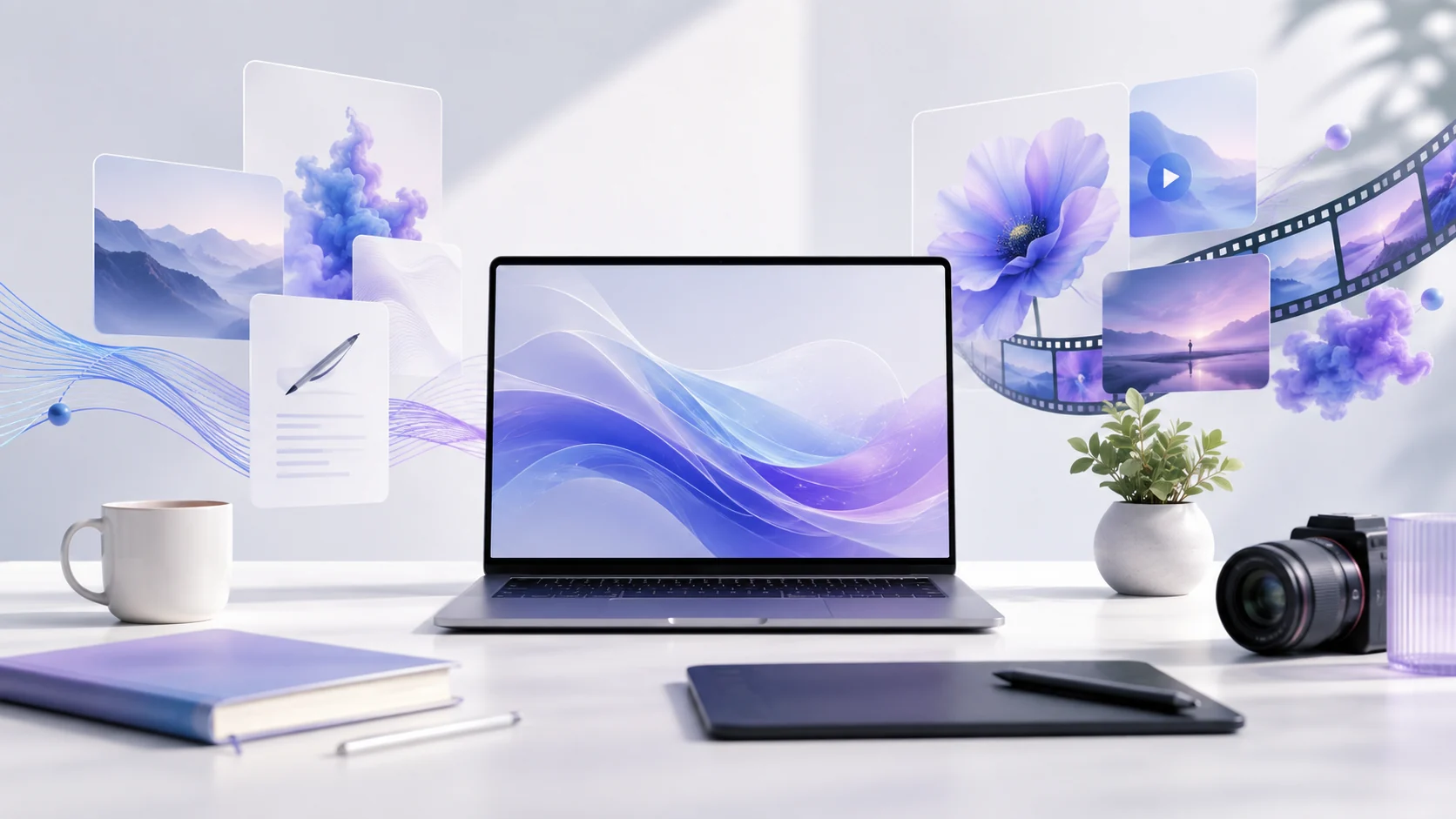 Creative AI tools visual with laptop, media cards and minimal purple design elements