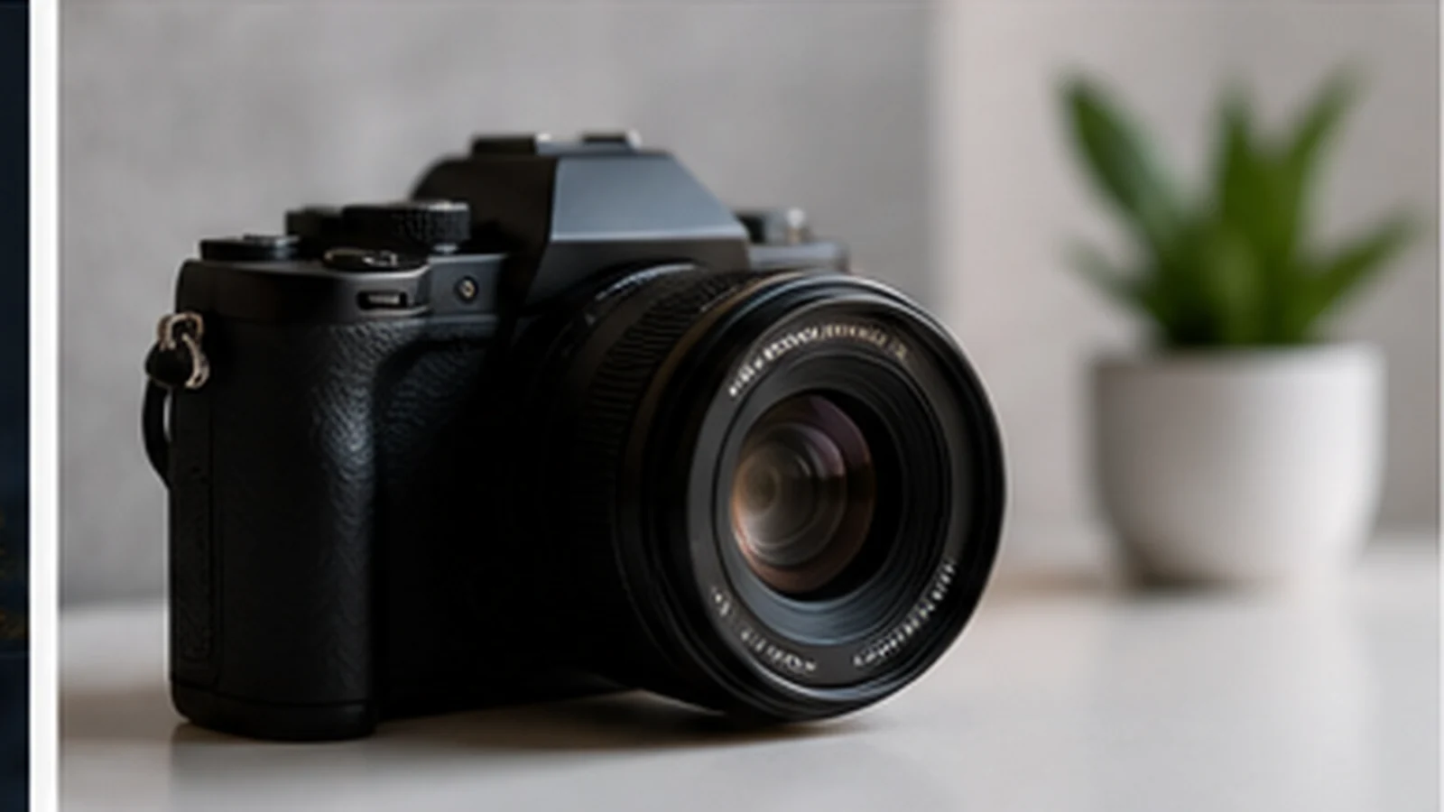 Professional camera and minimal workspace representing AI-assisted photography workflows