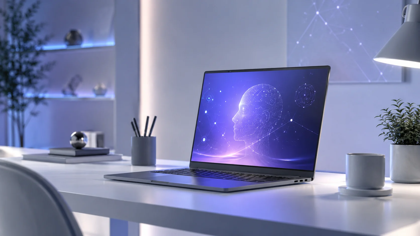 Modern AI work tools setup with laptop and futuristic interface in blue lighting